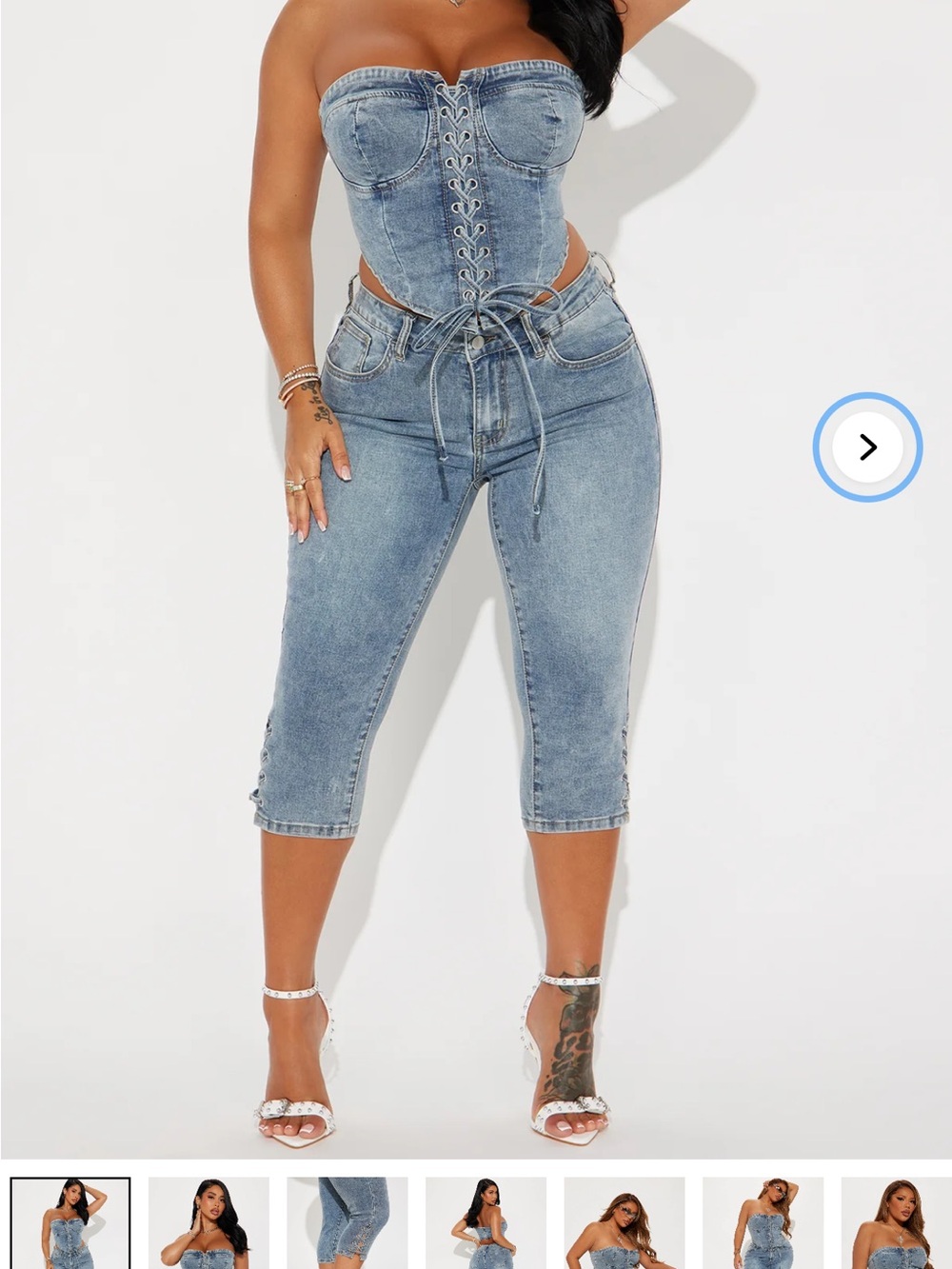 Denim Lace-Up Bustier Jumpsuit Cropped Capri